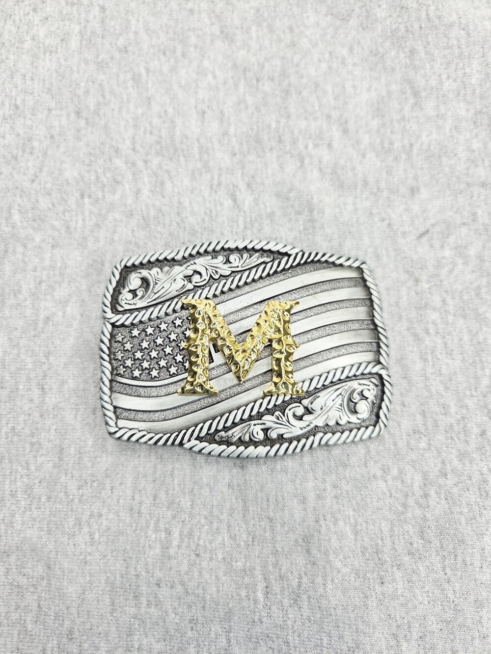 American Flag Initial M Silver & Gold Belt Buckle